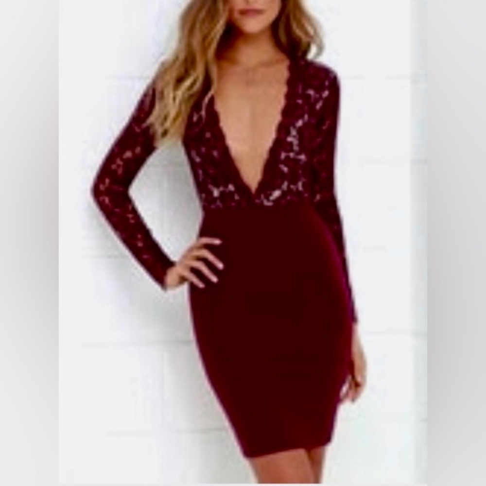 Lulus Burgundy Long Sleeve Lace Dress